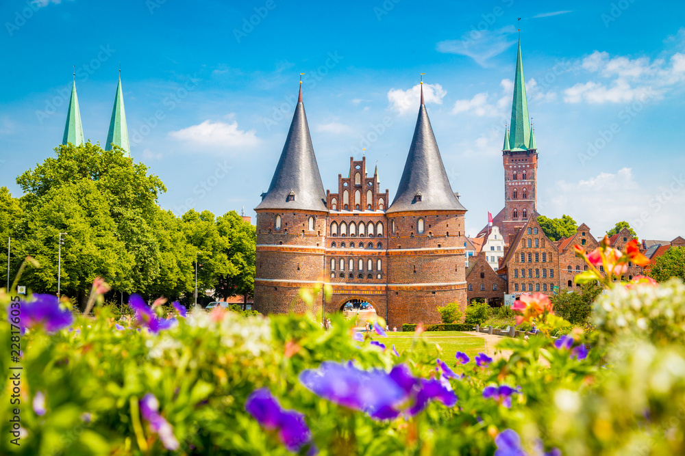 Historic town of Lübeck with Holstentor gate in summer, Schleswig-Holstein, northern Germany