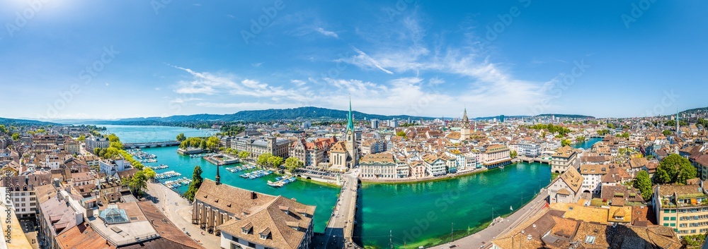 Zürich aerial panorama with Limmat river in sumemr, Switzerland