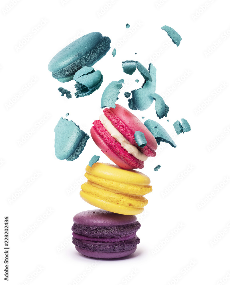 Macaron сrushed in the air close up on a white background