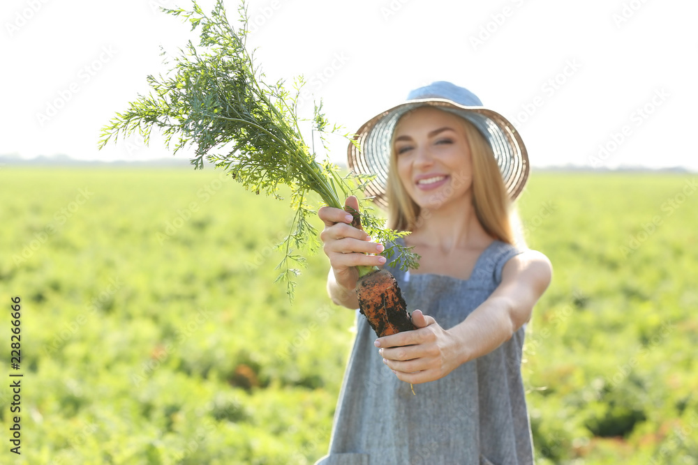 地里有胡萝卜的女农民