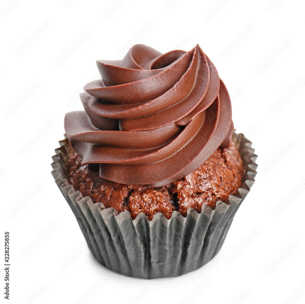 Delicious chocolate cupcake on white background