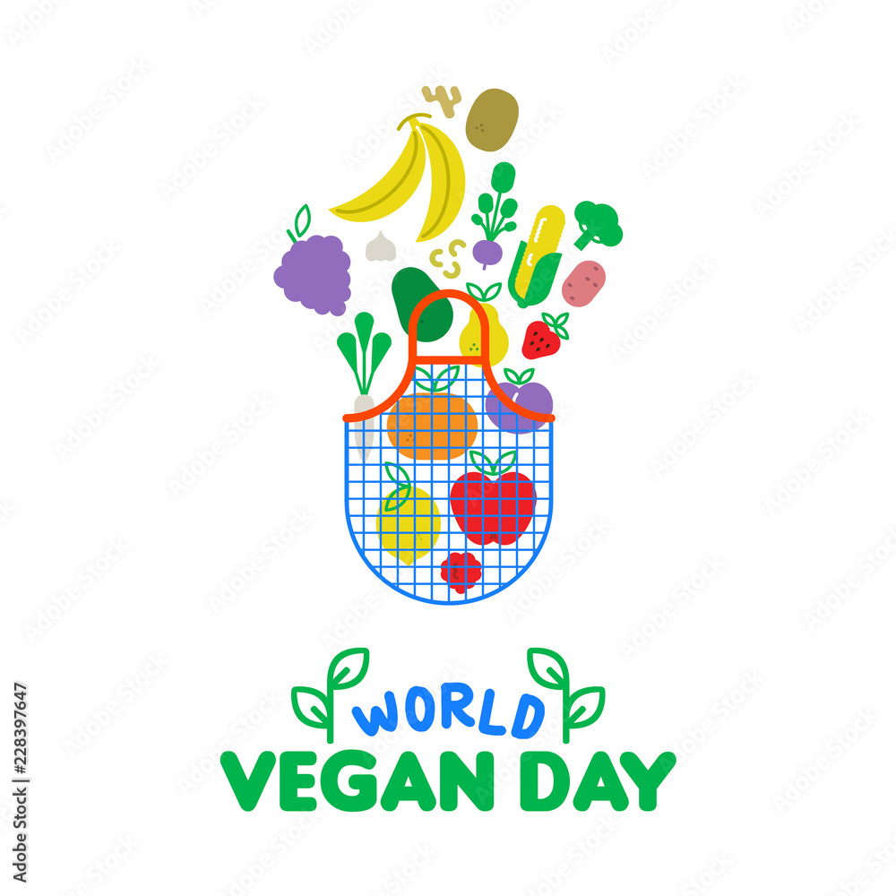 World Vegan Day card of vegetable and fruit icons