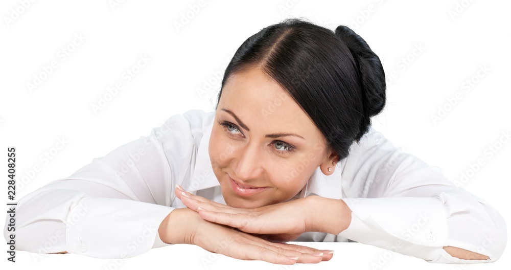 Friendly Woman with Head Resting on Hand - Isolated