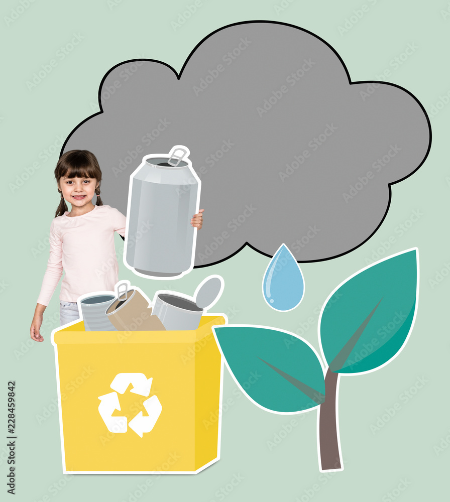 Happy girl collecting cans for recycling