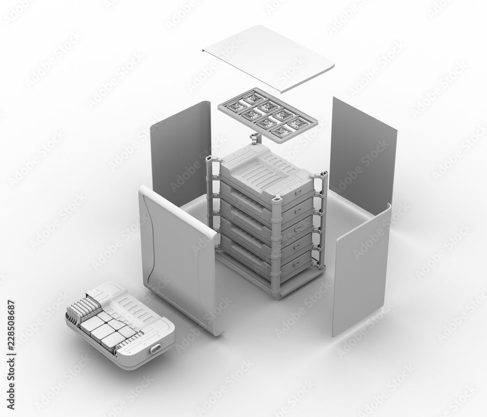 可重复使用的电动汽车电池组件系统的粘土渲染图。爆炸图。电动汽车电池重新