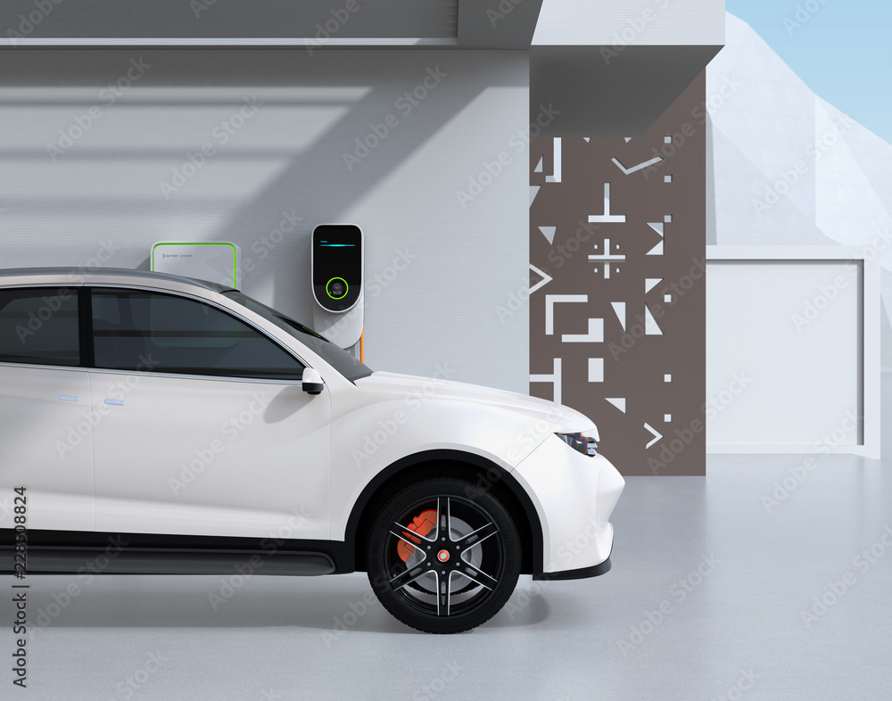 Side view of white electric powered SUV recharging in garage. 3D rendering image.