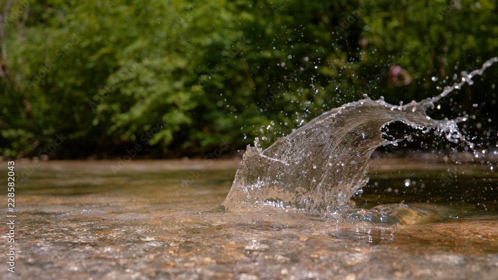 CLOSE UP: Stone crashes into the calm stream and sprays the crystal clear water