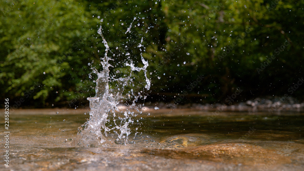 CLOSE UP: Crystal clear droplets of water fly around the cold mountain stream.