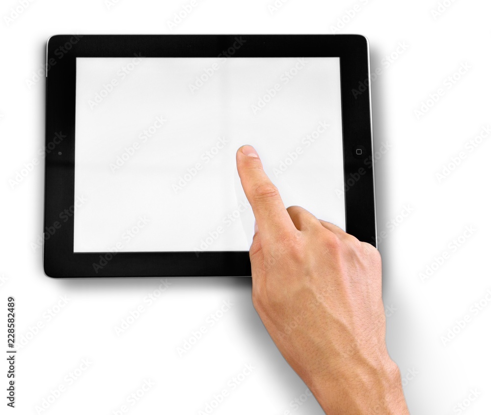 Hands Touching an iPad with Blank Screen