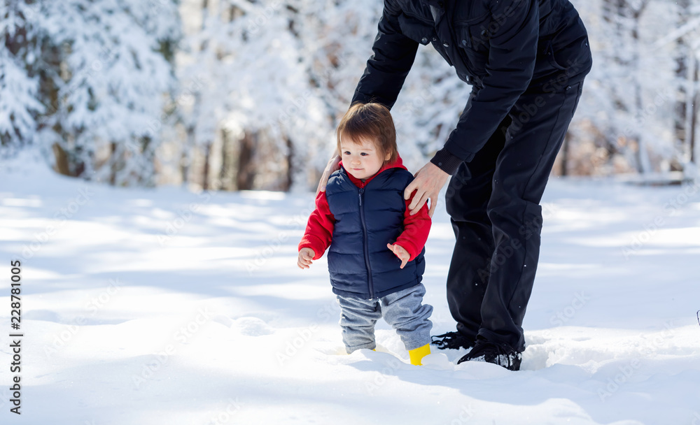 蹒跚学步的男孩和他的父亲在雪地里玩耍