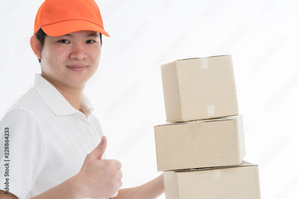 business casual asian delivery guy wear hat standing portrait hand hold  brown paper box with happin