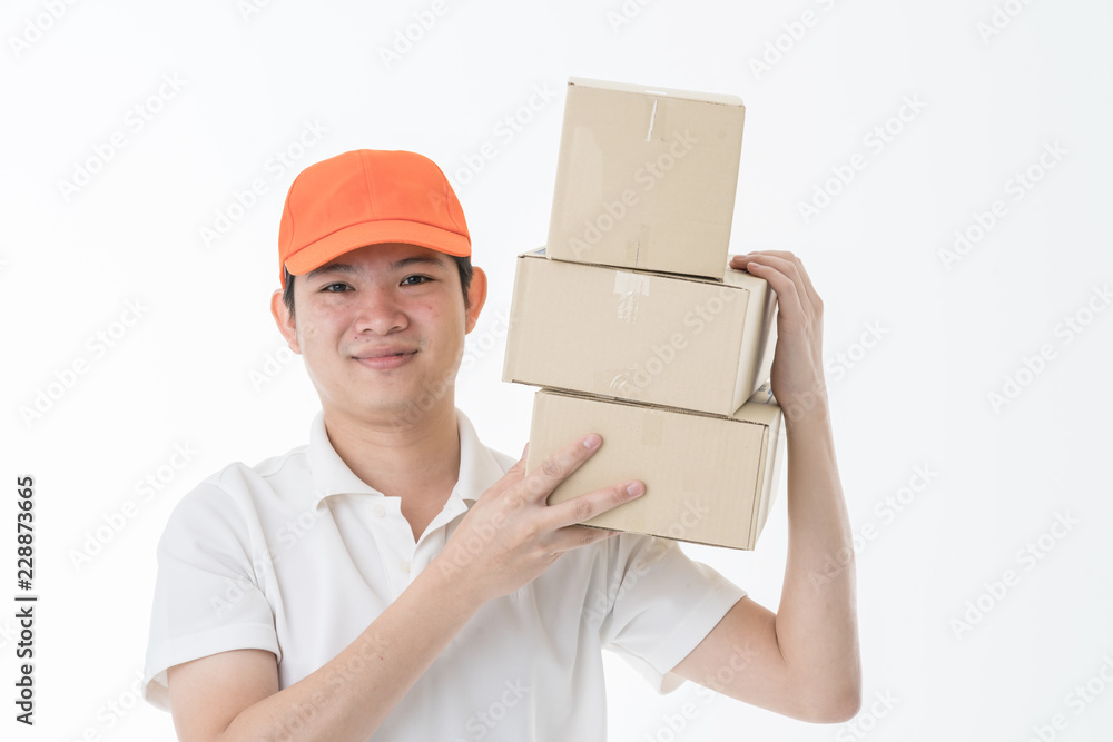 business casual asian delivery guy wear hat standing portrait hand hold  brown paper box with happin