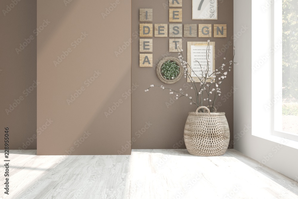 Brown empty room. Scandinavian interior design. 3D illustration