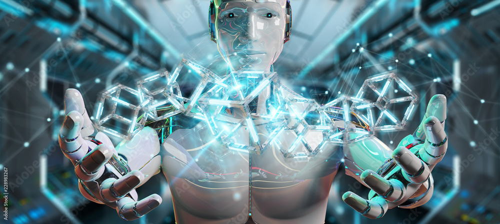 White robot creating future technology structure 3D rendering