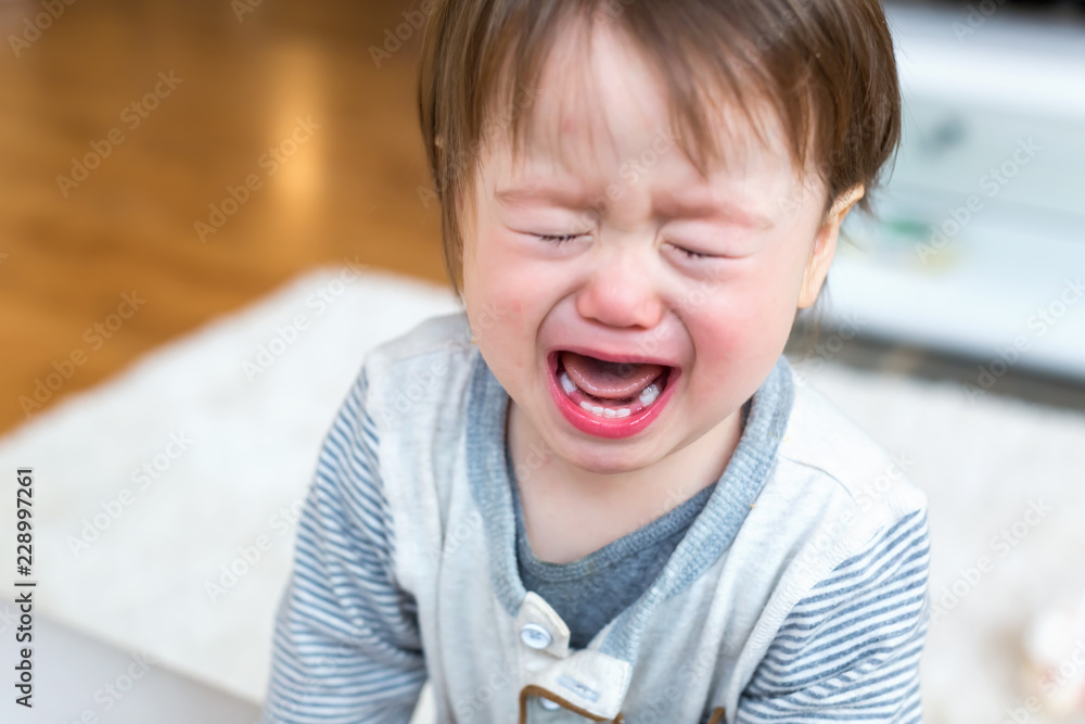 心烦意乱的蹒跚学步的男孩在家里尖叫和哭泣