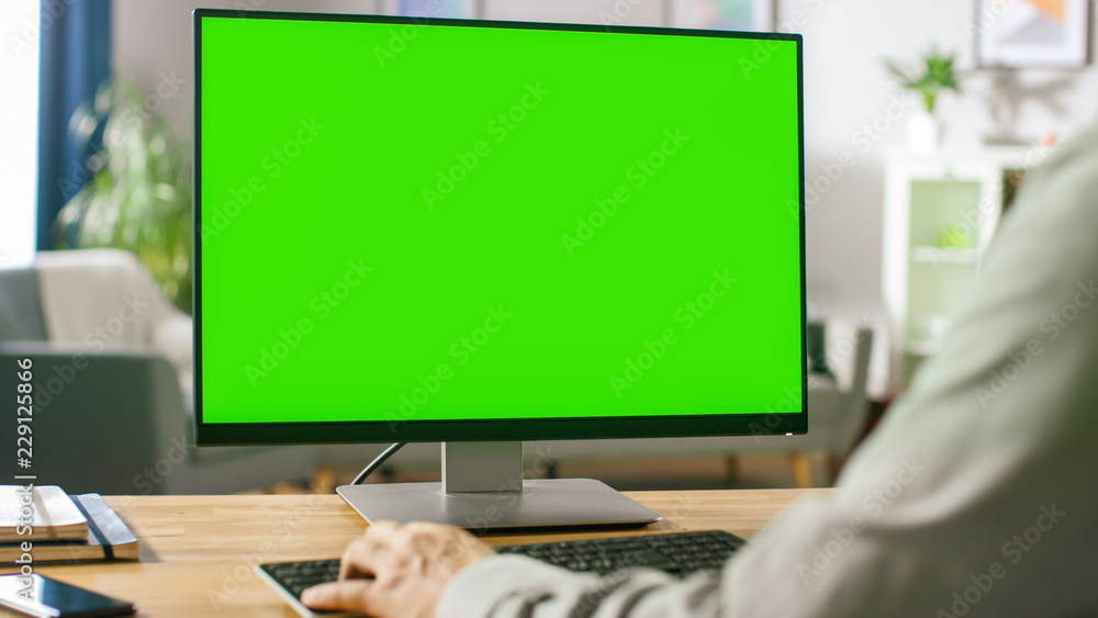 Over the Shoulder Shot of Professional Freelancer Working on Green Mockup Screen Personal Computer F