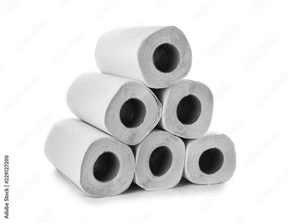 Rolls of paper towels on white background