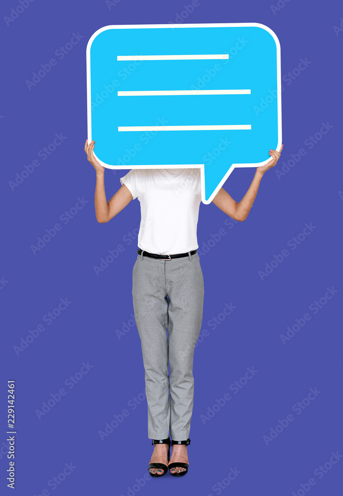 Woman holding a speech bubble symbol