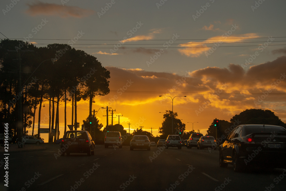 silhouette landscape at sunset orange