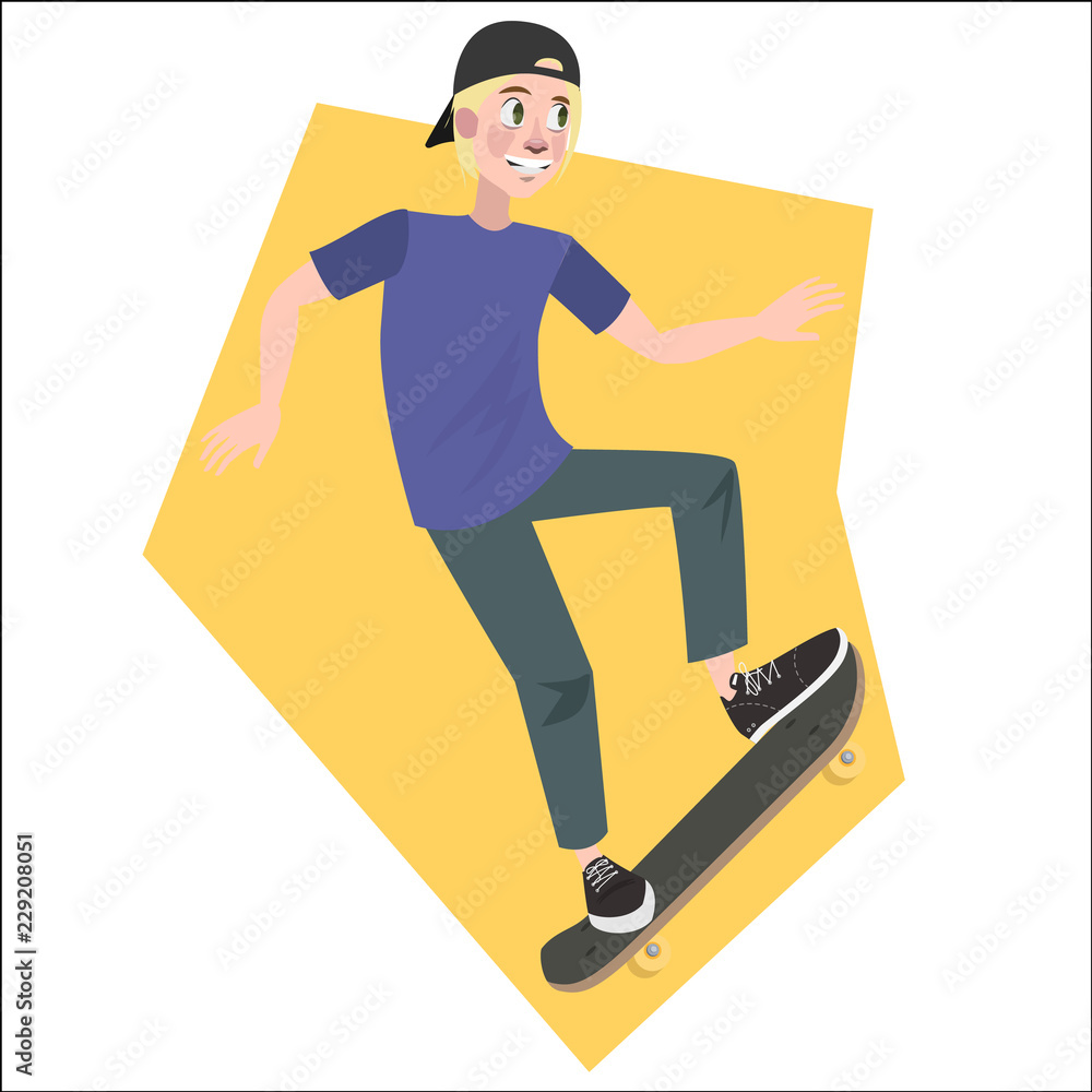 Happy young man skateboarding. A handsome skateboarder