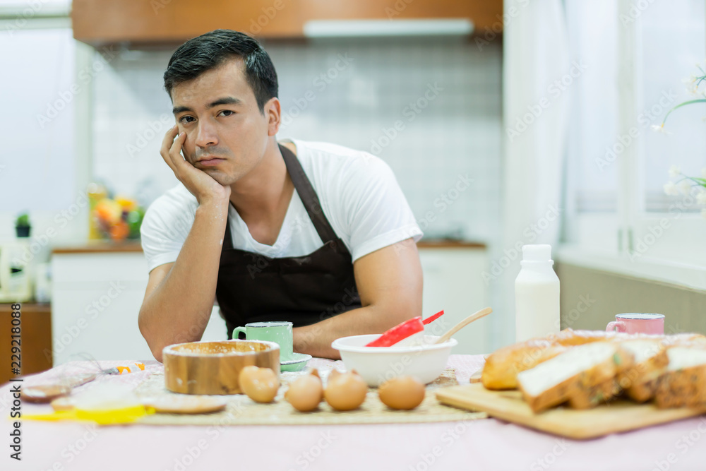 boring husband preparing breakfast home family ideas concept