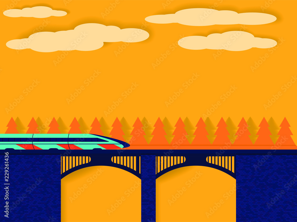 Train on railway bridge on the orange background.Paper cut style. Vector travel concept background. 