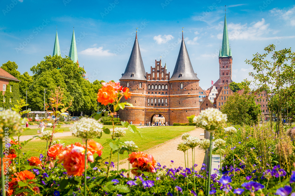 Historic town of Lübeck with Holstentor gate in summer, Schleswig-Holstein, northern Germany