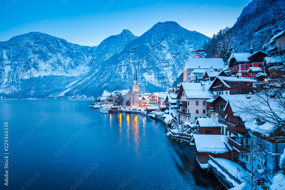 Hallstatt at twilight in winter, Salzkammergut, Austria