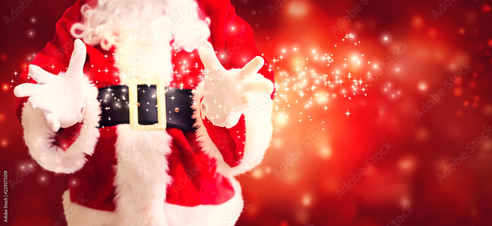 Santa with holding gesture on a shiny light background