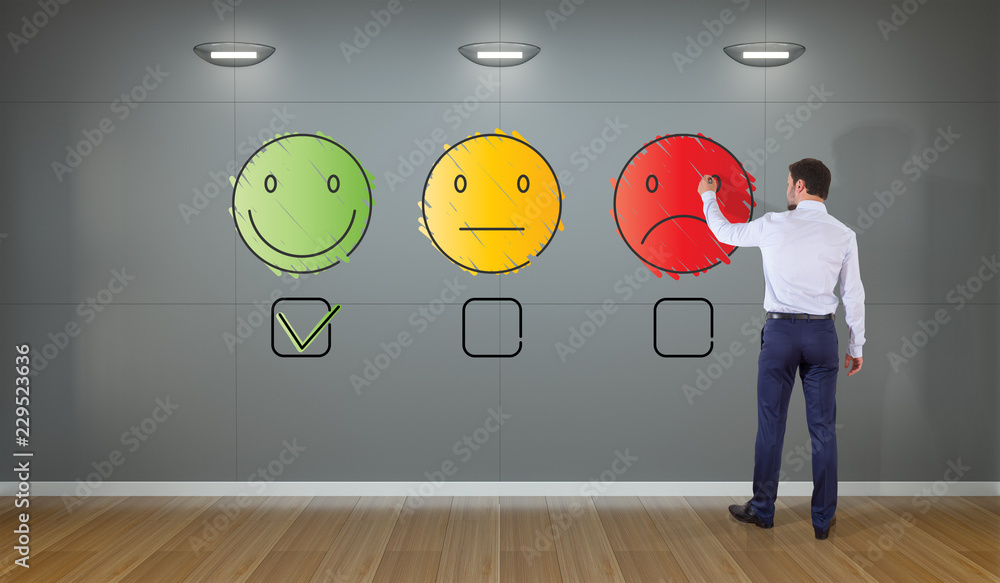 Businessman drawing thin line customer satisfaction rating on the wall