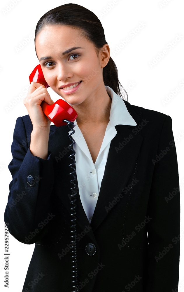 Close-up portrait of young businesswoman with phone isolated on