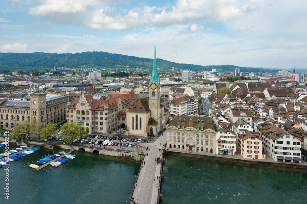 Aerial view of Zurich old town along Limmat river, Zurich, Switzerland.