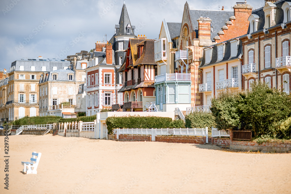 Luxury buildings on the coastline of Trouville, famous french resort in Normandy