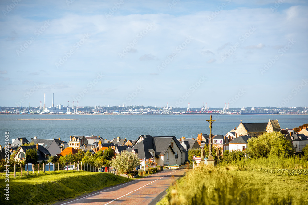 Landscape view on Villerville and ocean with La Havre port on the background in Normandy, France