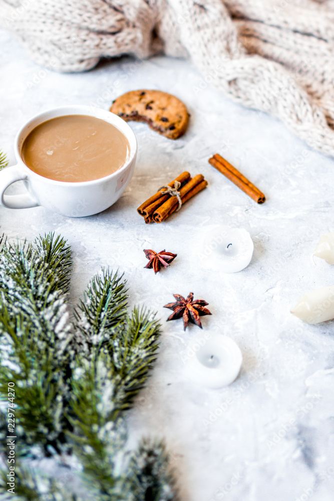 Christmas evening with cup of cocoa white background