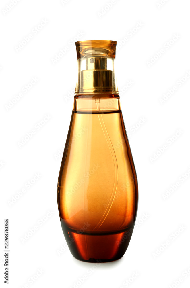 Transparent bottle of perfume on white background