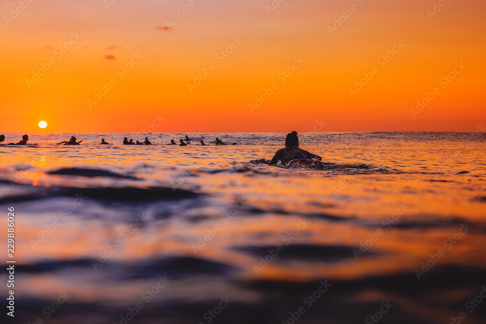 Surfers on line up and surfer woman at warm sunset. Surfing in ocean