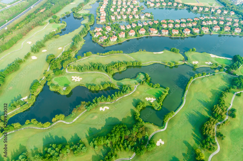 Aerial view of a beautiful green golf course