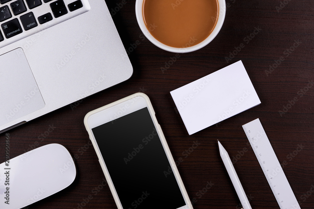 Mockup of cellphone with blank screen and business cards