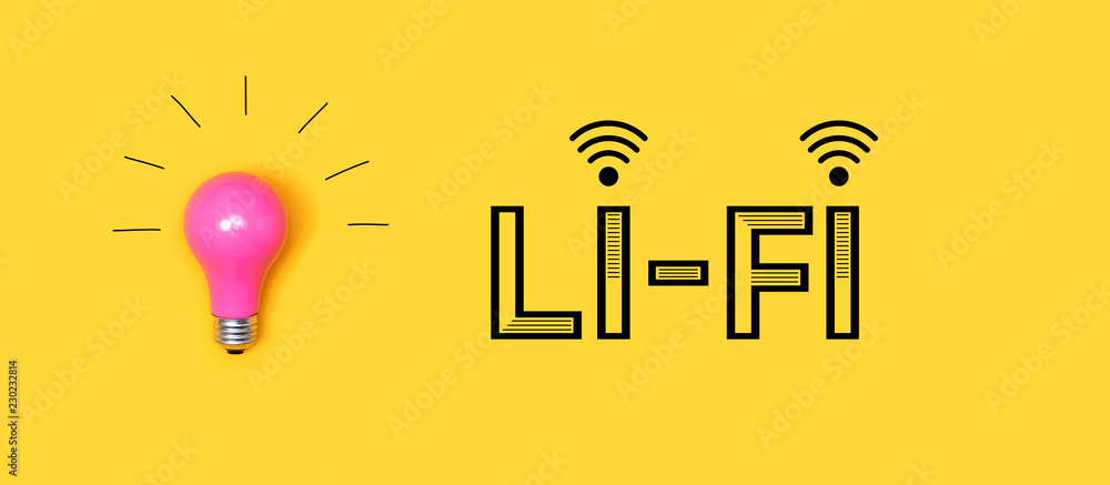 Li-Fi wireless communication concept with a light bulb on a yellow background