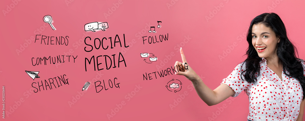 Social media theme with young woman on a pink background