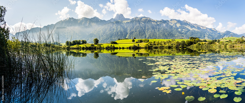 Stockhornkette und Uebeschisee, Amsoldingersee, Gürbetal, Kanton Bern, Panorama Berner Alpen, Schwei