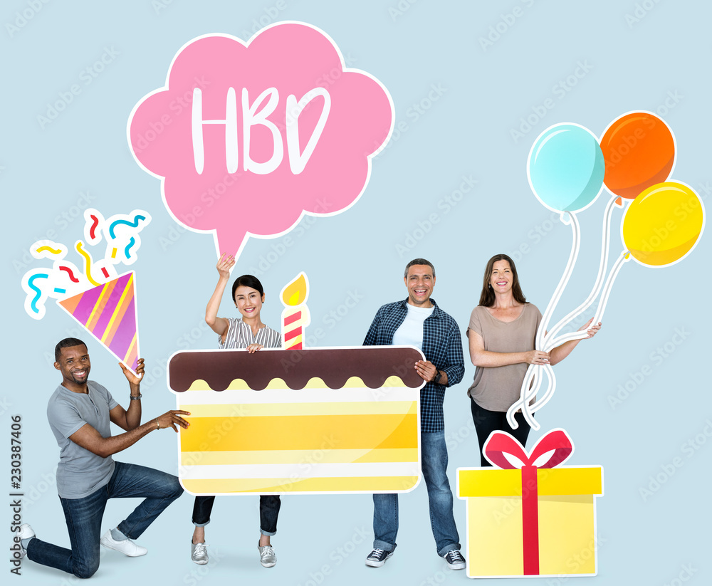 Happy diverse people holding birthday cake