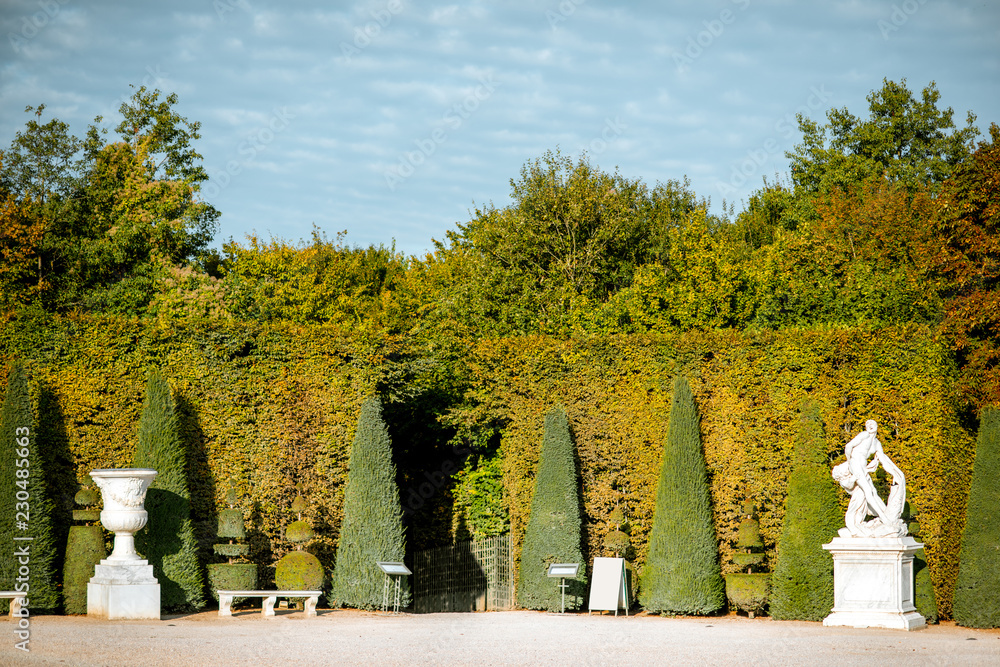 Versailles garden with beautiful sculptures, vases and trimmed bushes in Versaillle palace in France