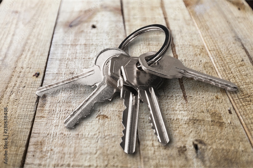 Close up of keys on wooden table