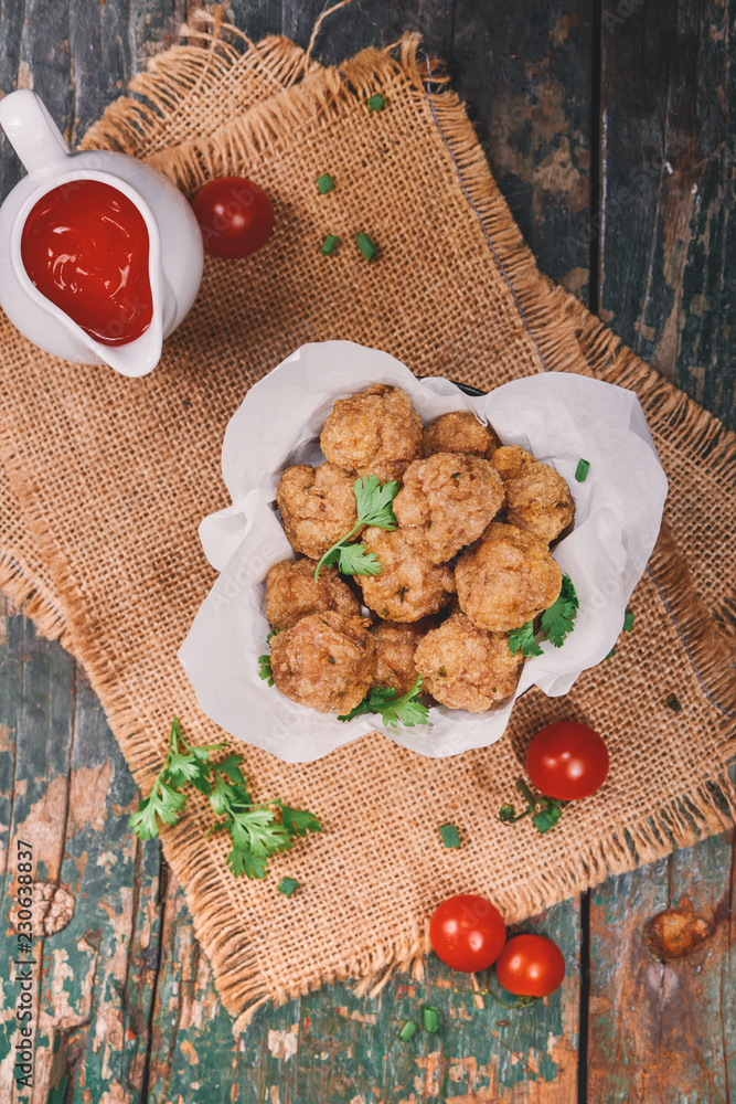 Vietnamese food. Delicious homemade fish balls on wooden table.