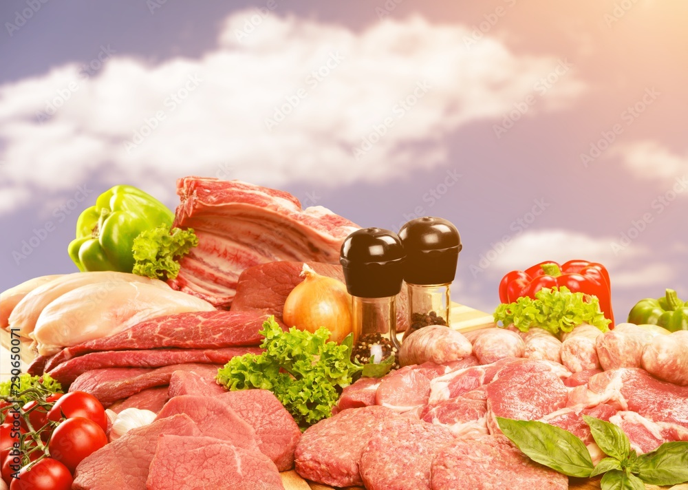 Fresh Raw Meat Background with vegetables