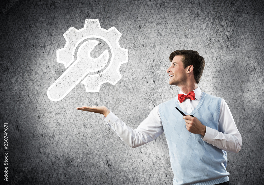 Elegant banker wearing red tie and gears as teamwork concept