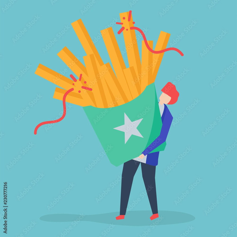 Man holding potato fries isolated on background