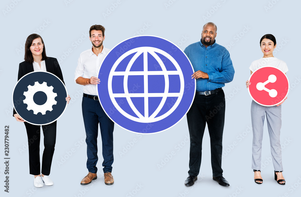 Happy diverse people holding internet icons